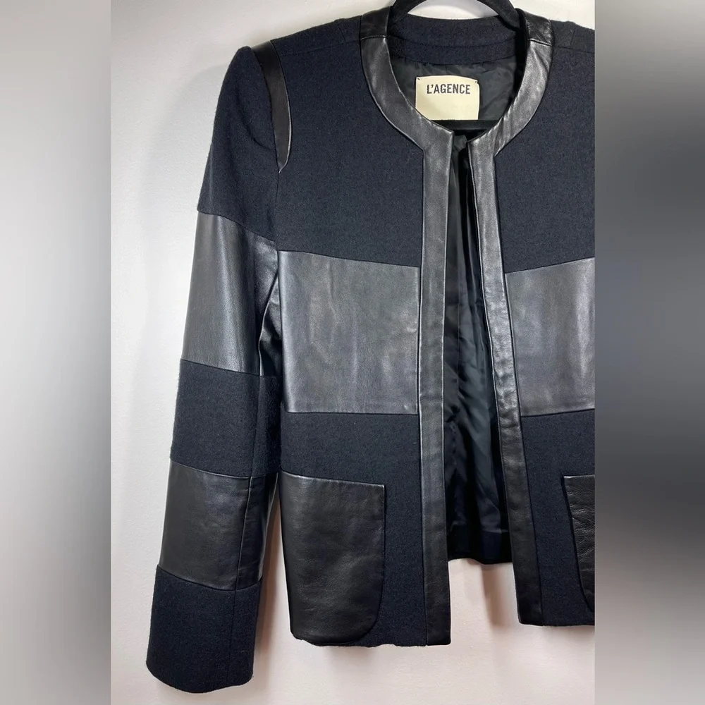 NWOT L’Agence Women’s Harper Leather and Wool Contrast Blazer in‎ Black Size 2